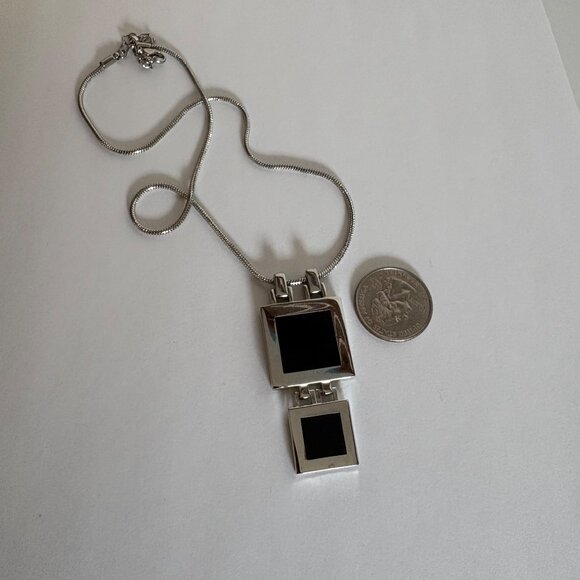 Black Double Square Pendant Necklace Silver Tone Snake Chain Minimalist Modern - Picture 4 of 8